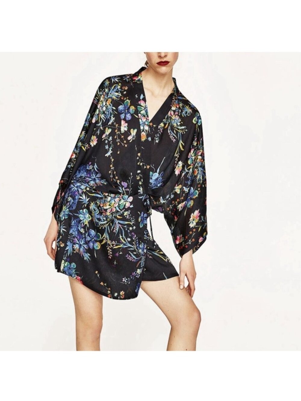 Zara Vibrant Floral Full Wrap Kimono Mini Dress Size XS Oversized Fit